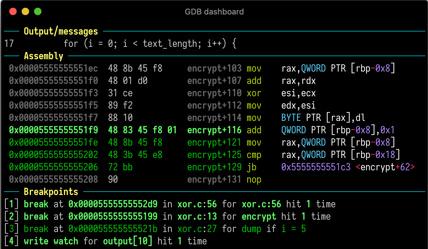 GDB dashboard in action