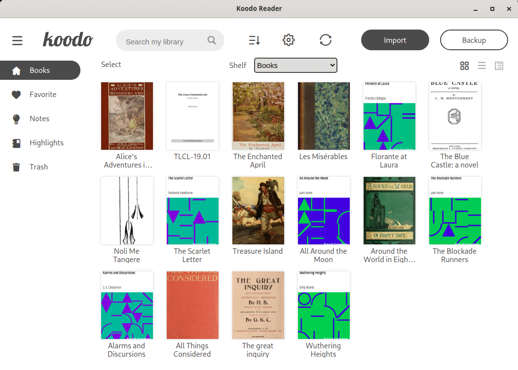 Koodo Reader with a small library of ebooks loaded
